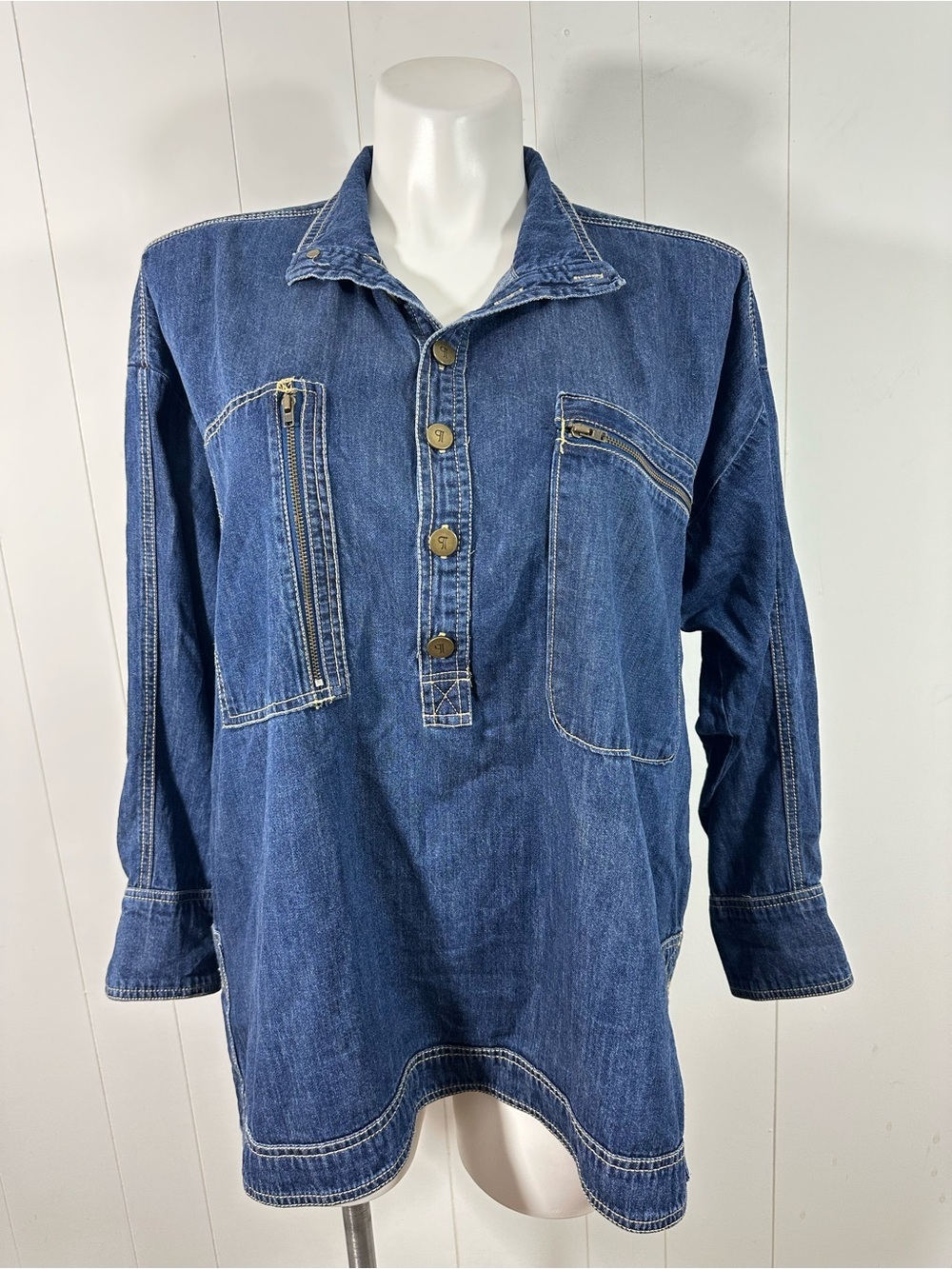 Pilcro Sz L Petite Women’s Tunic Shirt Top Blue Denim Cotton Button Half Placket - Picture 2 of 15